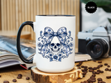 Blue Floral Skull Mug, Gothic Coquette Bow Coffee Cup, Alternative Halloween Gift for Her, Dark Academia Kitchen Decor, Spooky Present