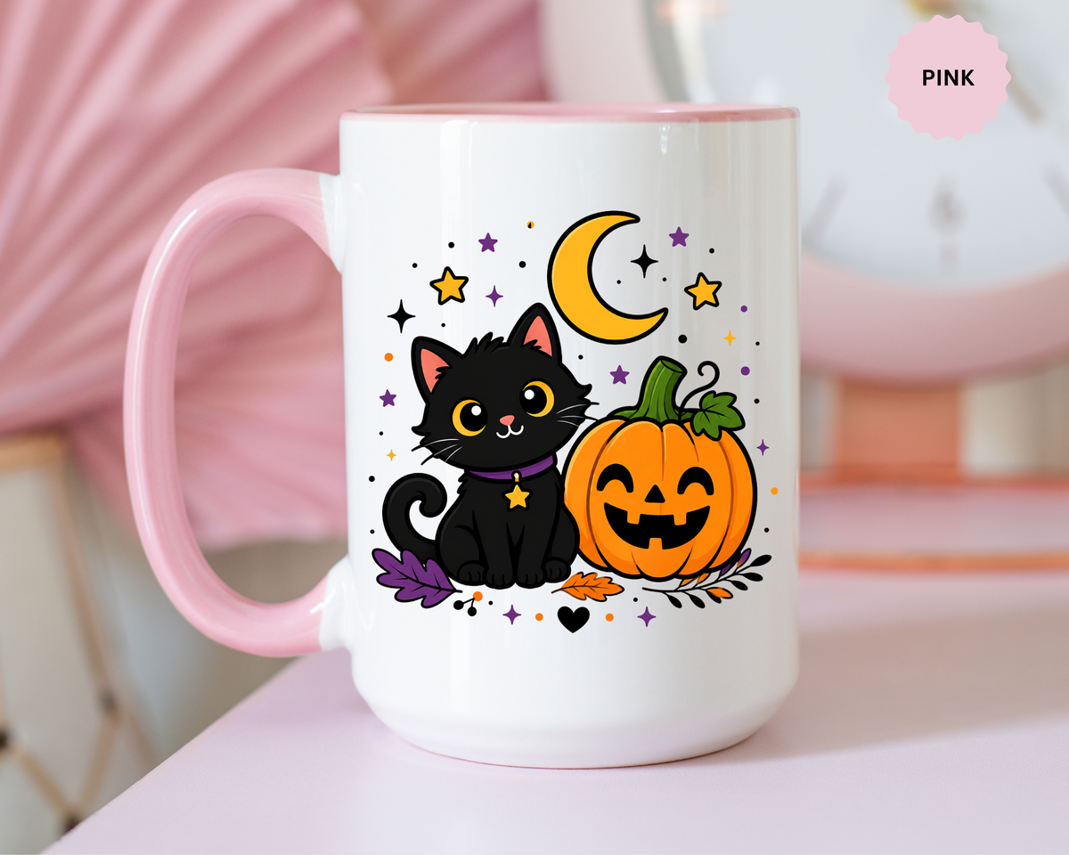 Cute Black Cat Halloween Mug, Pumpkin and Moon Coffee Cup, Spooky Season Gift for Cat Lover, Fall Birthday Present, Witchy Fall Decor
