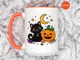 Cute Black Cat Halloween Mug, Pumpkin and Moon Coffee Cup, Spooky Season Gift for Cat Lover, Fall Birthday Present, Witchy Fall Decor