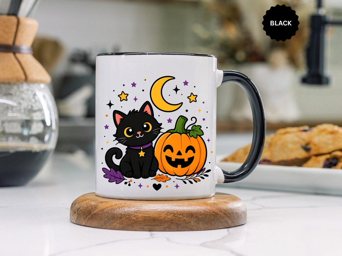 Cute Black Cat Halloween Mug, Pumpkin and Moon Coffee Cup, Spooky Season Gift for Cat Lover, Fall Birthday Present, Witchy Fall Decor