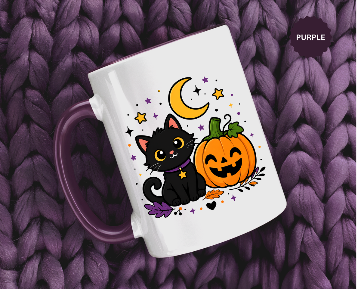 Cute Black Cat Halloween Mug, Pumpkin and Moon Coffee Cup, Spooky Season Gift for Cat Lover, Fall Birthday Present, Witchy Fall Decor