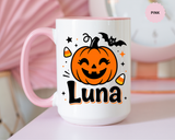 Personalized Halloween Name Mug, Custom Luna Pumpkin Coffee Cup, Cute Kids Trick or Treat Gift, Fall Birthday Present for Little Girl