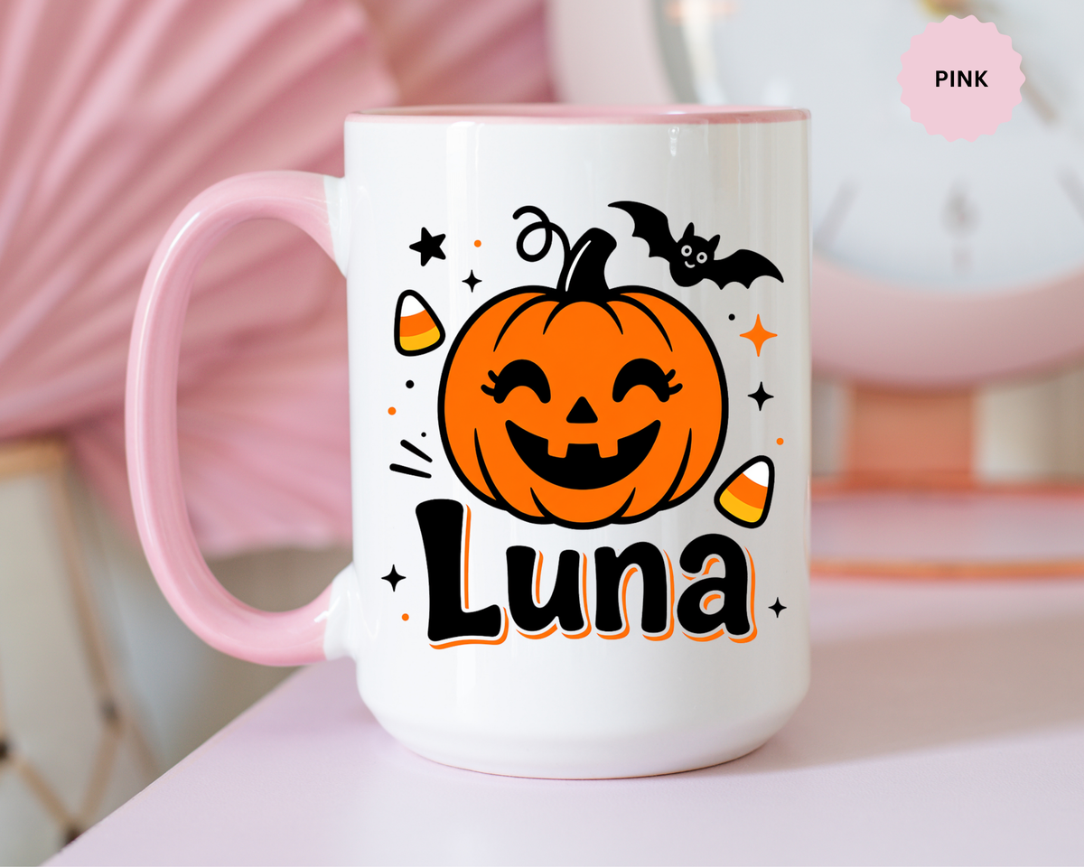 Personalized Halloween Name Mug, Custom Luna Pumpkin Coffee Cup, Cute Kids Trick or Treat Gift, Fall Birthday Present for Little Girl