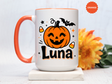 Personalized Halloween Name Mug, Custom Luna Pumpkin Coffee Cup, Cute Kids Trick or Treat Gift, Fall Birthday Present for Little Girl