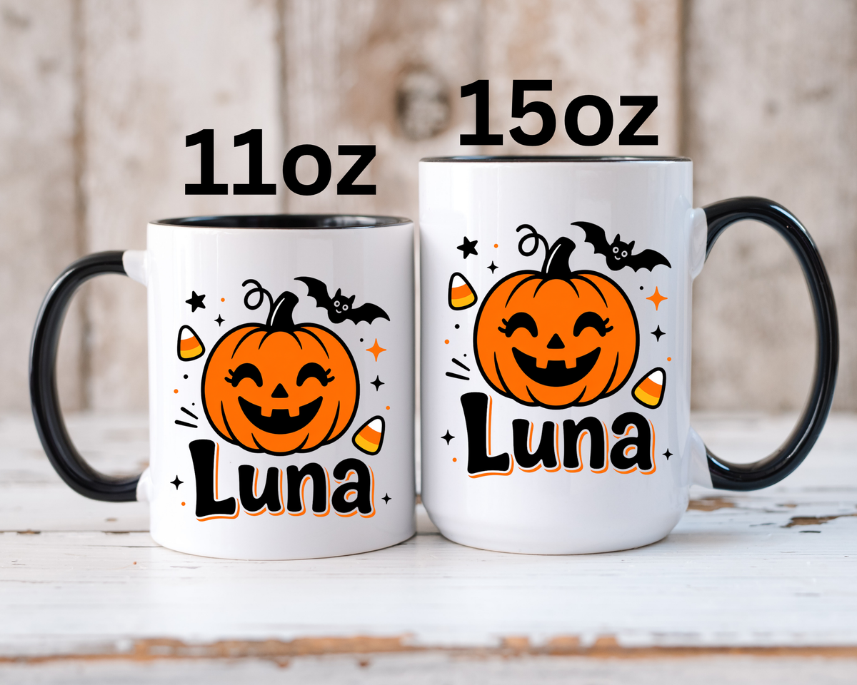 Personalized Halloween Name Mug, Custom Luna Pumpkin Coffee Cup, Cute Kids Trick or Treat Gift, Fall Birthday Present for Little Girl