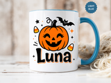 Personalized Halloween Name Mug, Custom Luna Pumpkin Coffee Cup, Cute Kids Trick or Treat Gift, Fall Birthday Present for Little Girl
