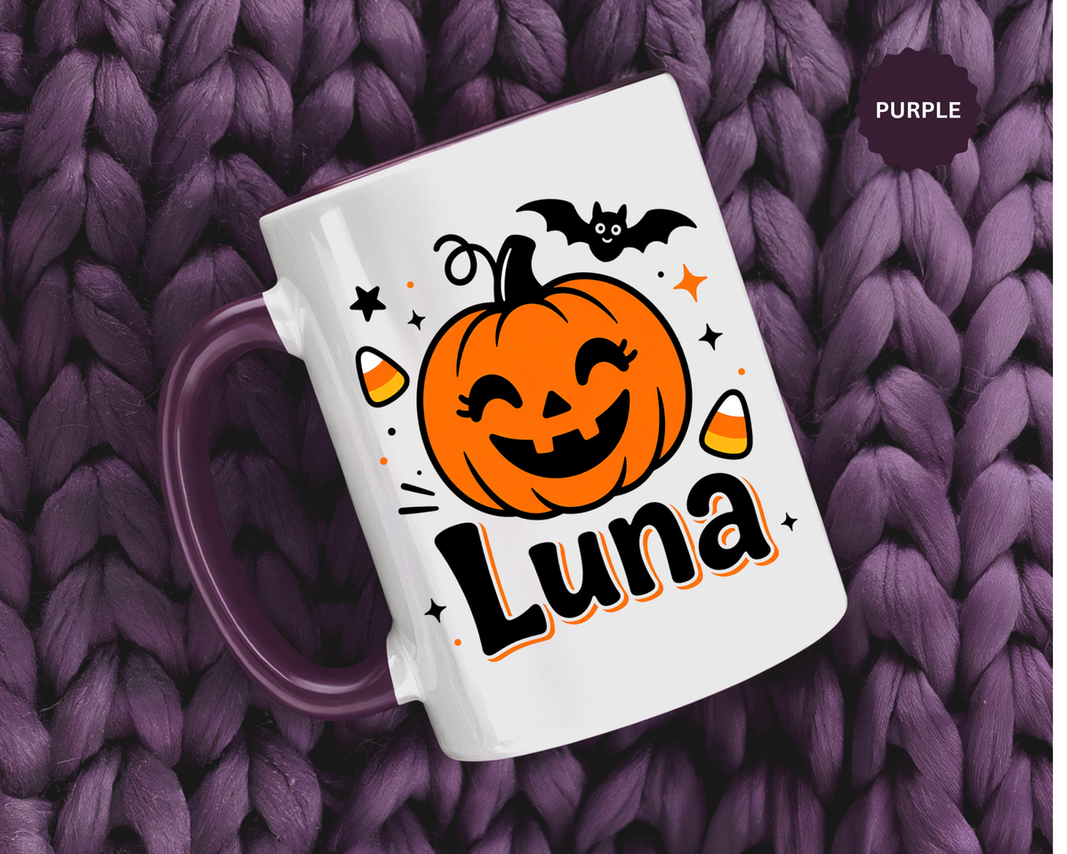Personalized Halloween Name Mug, Custom Luna Pumpkin Coffee Cup, Cute Kids Trick or Treat Gift, Fall Birthday Present for Little Girl