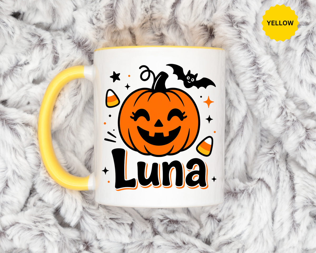 Personalized Halloween Name Mug, Custom Luna Pumpkin Coffee Cup, Cute Kids Trick or Treat Gift, Fall Birthday Present for Little Girl