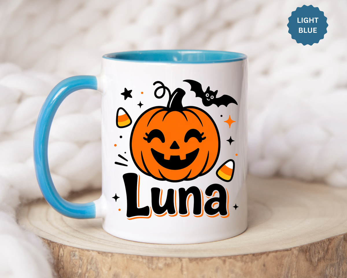Personalized Halloween Name Mug, Custom Luna Pumpkin Coffee Cup, Cute Kids Trick or Treat Gift, Fall Birthday Present for Little Girl