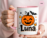 Personalized Halloween Name Mug, Custom Luna Pumpkin Coffee Cup, Cute Kids Trick or Treat Gift, Fall Birthday Present for Little Girl
