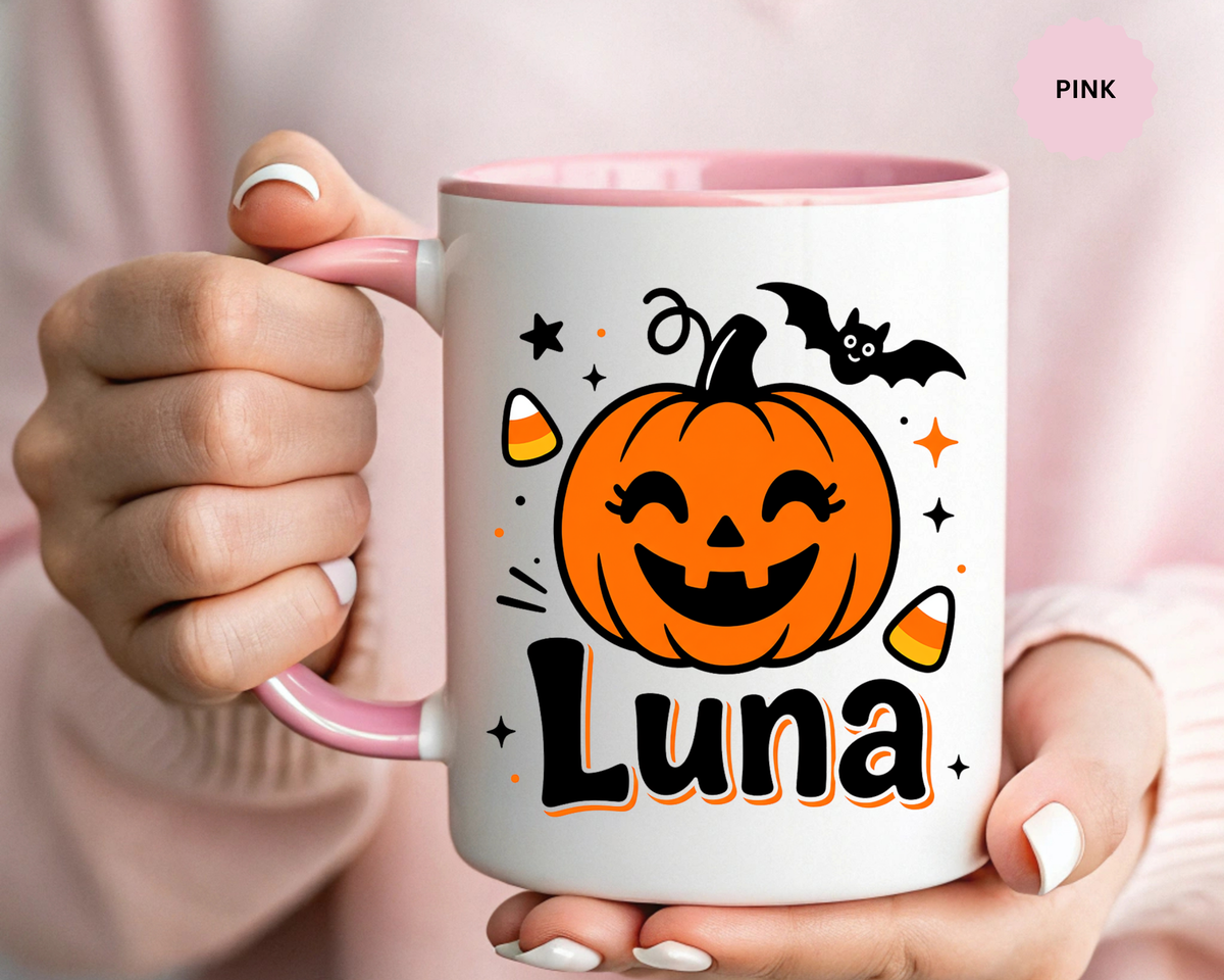 Personalized Halloween Name Mug, Custom Luna Pumpkin Coffee Cup, Cute Kids Trick or Treat Gift, Fall Birthday Present for Little Girl