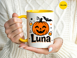 Personalized Halloween Name Mug, Custom Luna Pumpkin Coffee Cup, Cute Kids Trick or Treat Gift, Fall Birthday Present for Little Girl