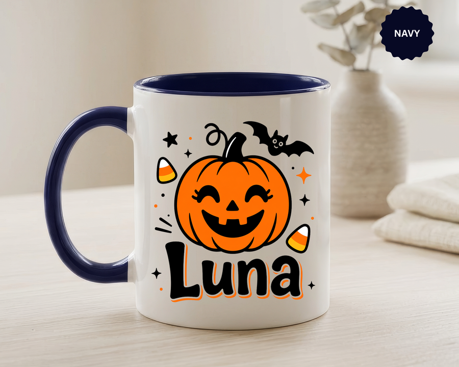 Personalized Halloween Name Mug, Custom Luna Pumpkin Coffee Cup, Cute Kids Trick or Treat Gift, Fall Birthday Present for Little Girl