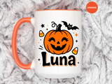 Personalized Halloween Name Mug, Custom Luna Pumpkin Coffee Cup, Cute Kids Trick or Treat Gift, Fall Birthday Present for Little Girl