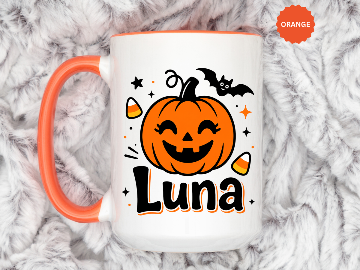Personalized Halloween Name Mug, Custom Luna Pumpkin Coffee Cup, Cute Kids Trick or Treat Gift, Fall Birthday Present for Little Girl