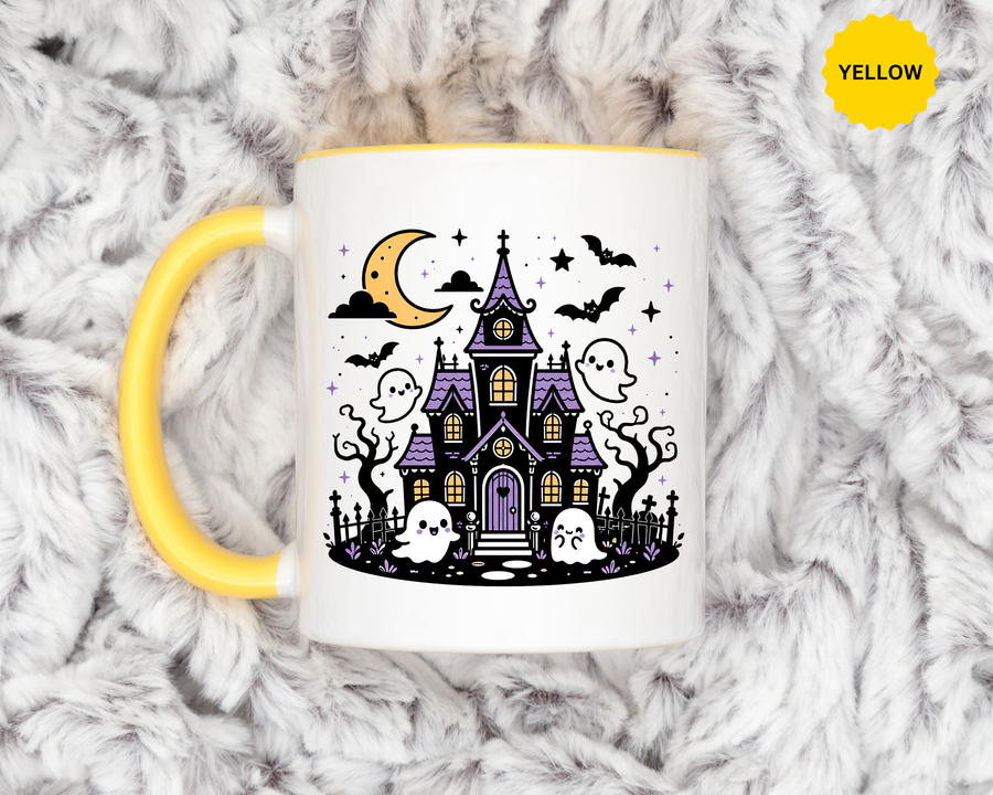 Cute Haunted House Mug, Kawaii Ghost Halloween Coffee Cup, Spooky Season Gift for Her, Purple Witchy Decor, Cozy Fall Birthday Present