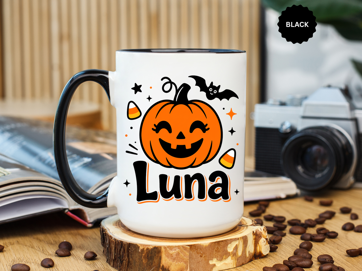 Personalized Halloween Name Mug, Custom Luna Pumpkin Coffee Cup, Cute Kids Trick or Treat Gift, Fall Birthday Present for Little Girl