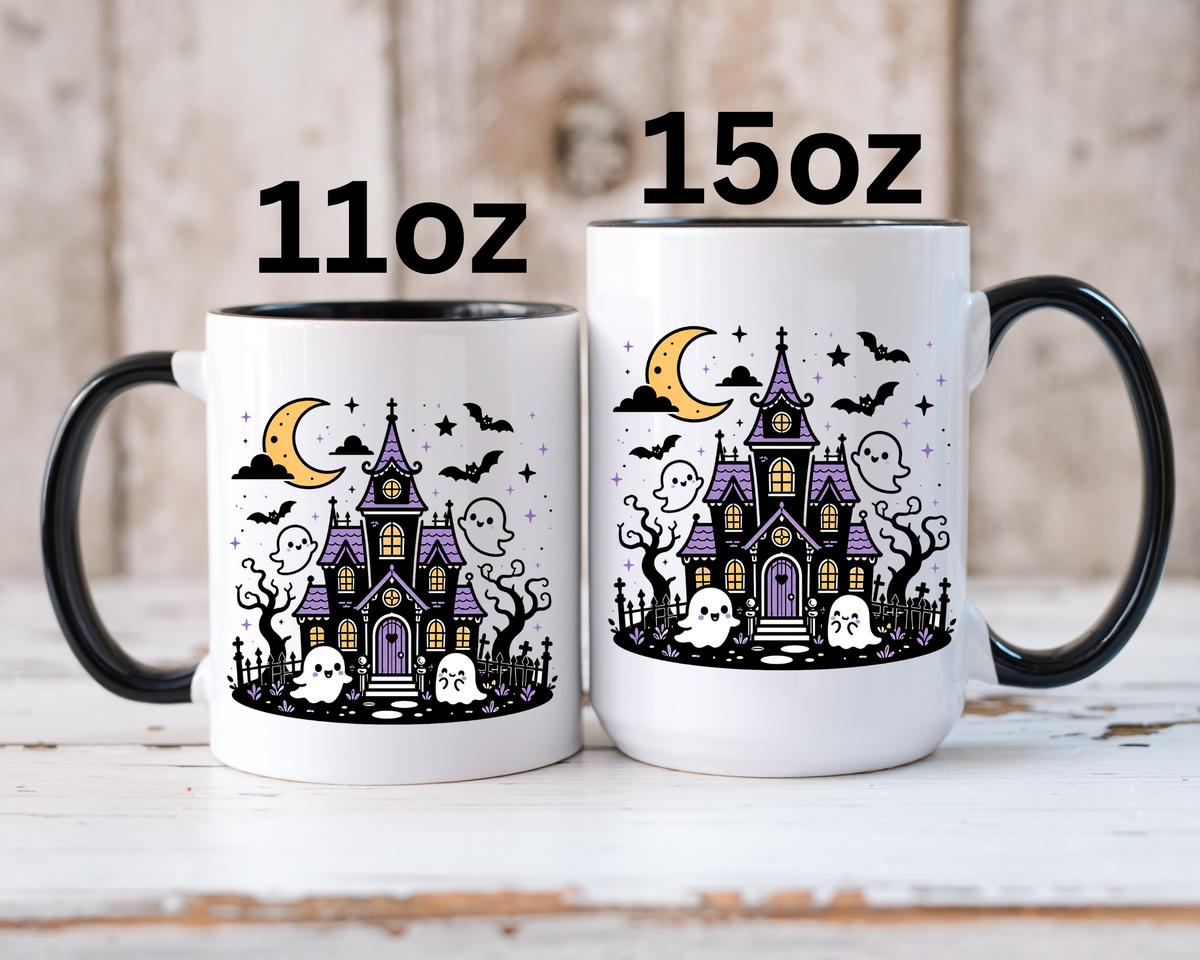 Cute Haunted House Mug, Kawaii Ghost Halloween Coffee Cup, Spooky Season Gift for Her, Purple Witchy Decor, Cozy Fall Birthday Present