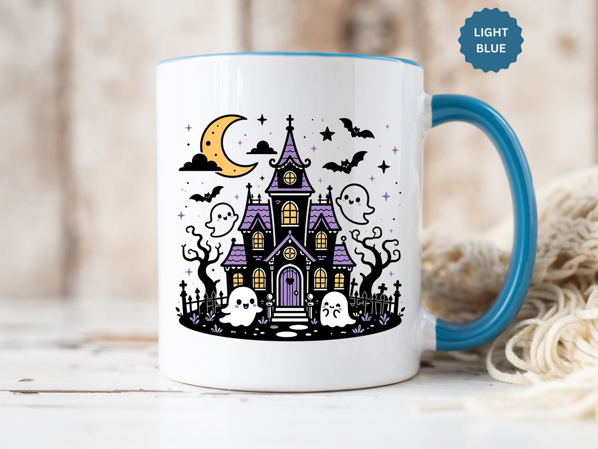 Cute Haunted House Mug, Kawaii Ghost Halloween Coffee Cup, Spooky Season Gift for Her, Purple Witchy Decor, Cozy Fall Birthday Present