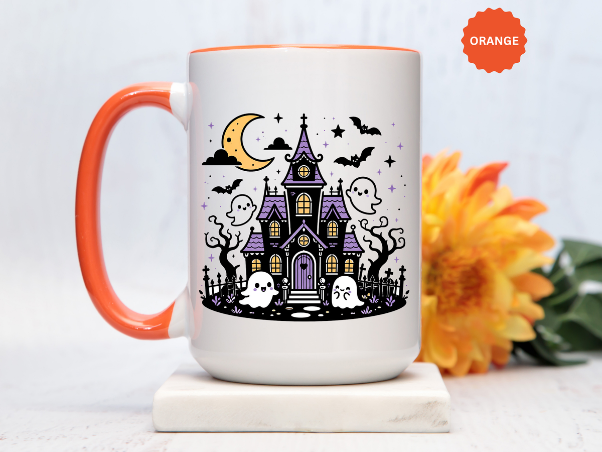 Cute Haunted House Mug, Kawaii Ghost Halloween Coffee Cup, Spooky Season Gift for Her, Purple Witchy Decor, Cozy Fall Birthday Present