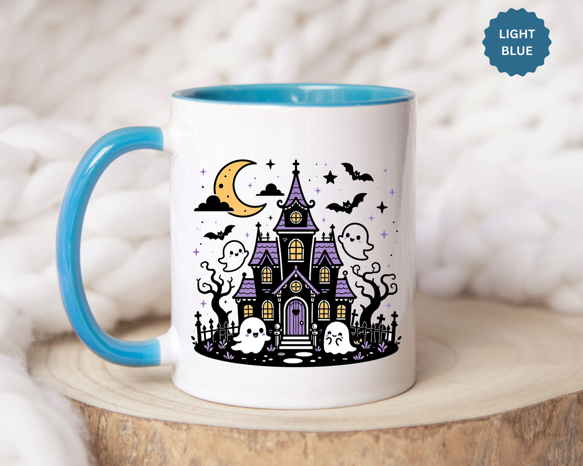 Cute Haunted House Mug, Kawaii Ghost Halloween Coffee Cup, Spooky Season Gift for Her, Purple Witchy Decor, Cozy Fall Birthday Present