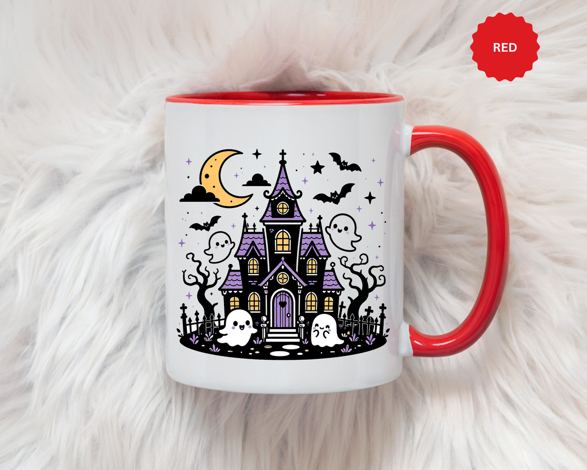 Cute Haunted House Mug, Kawaii Ghost Halloween Coffee Cup, Spooky Season Gift for Her, Purple Witchy Decor, Cozy Fall Birthday Present