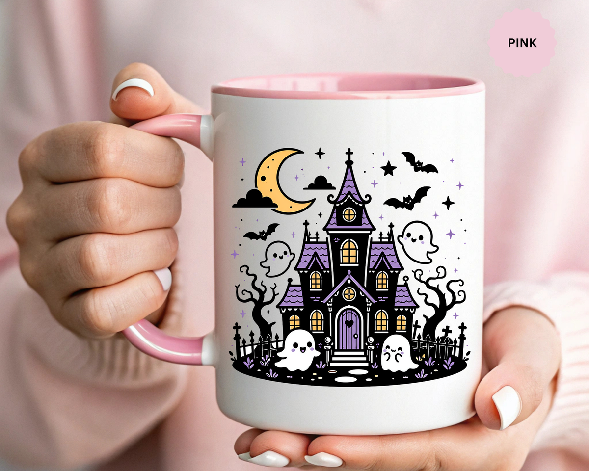 Cute Haunted House Mug, Kawaii Ghost Halloween Coffee Cup, Spooky Season Gift for Her, Purple Witchy Decor, Cozy Fall Birthday Present