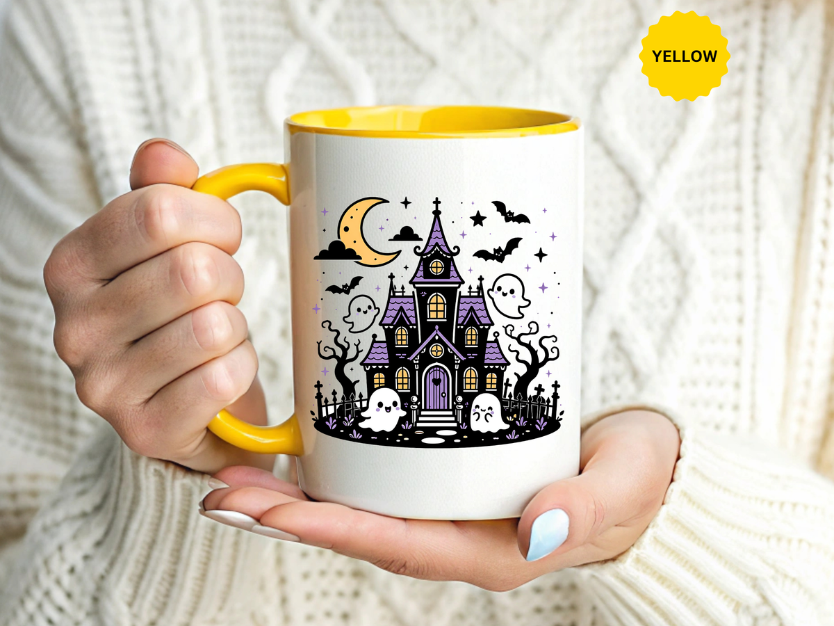 Cute Haunted House Mug, Kawaii Ghost Halloween Coffee Cup, Spooky Season Gift for Her, Purple Witchy Decor, Cozy Fall Birthday Present
