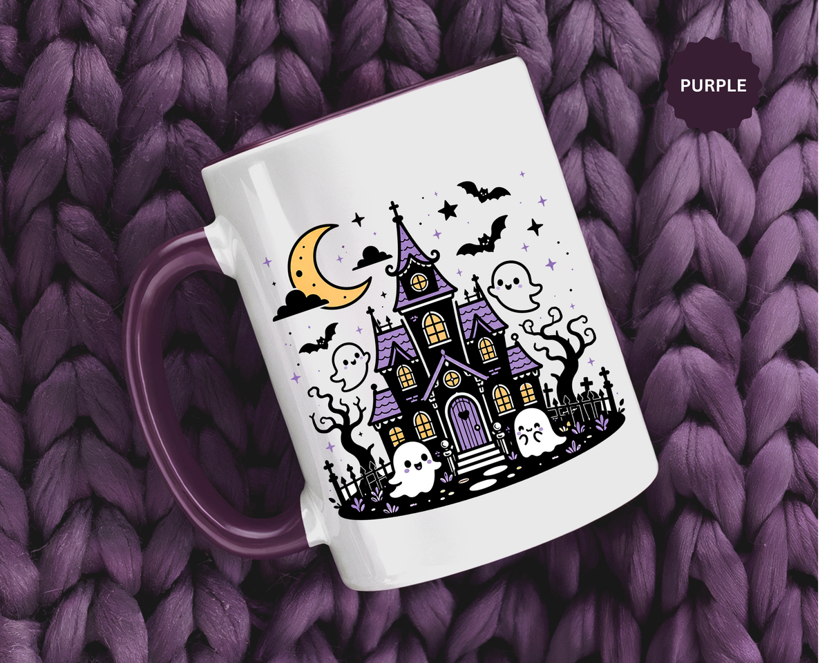 Cute Haunted House Mug, Kawaii Ghost Halloween Coffee Cup, Spooky Season Gift for Her, Purple Witchy Decor, Cozy Fall Birthday Present