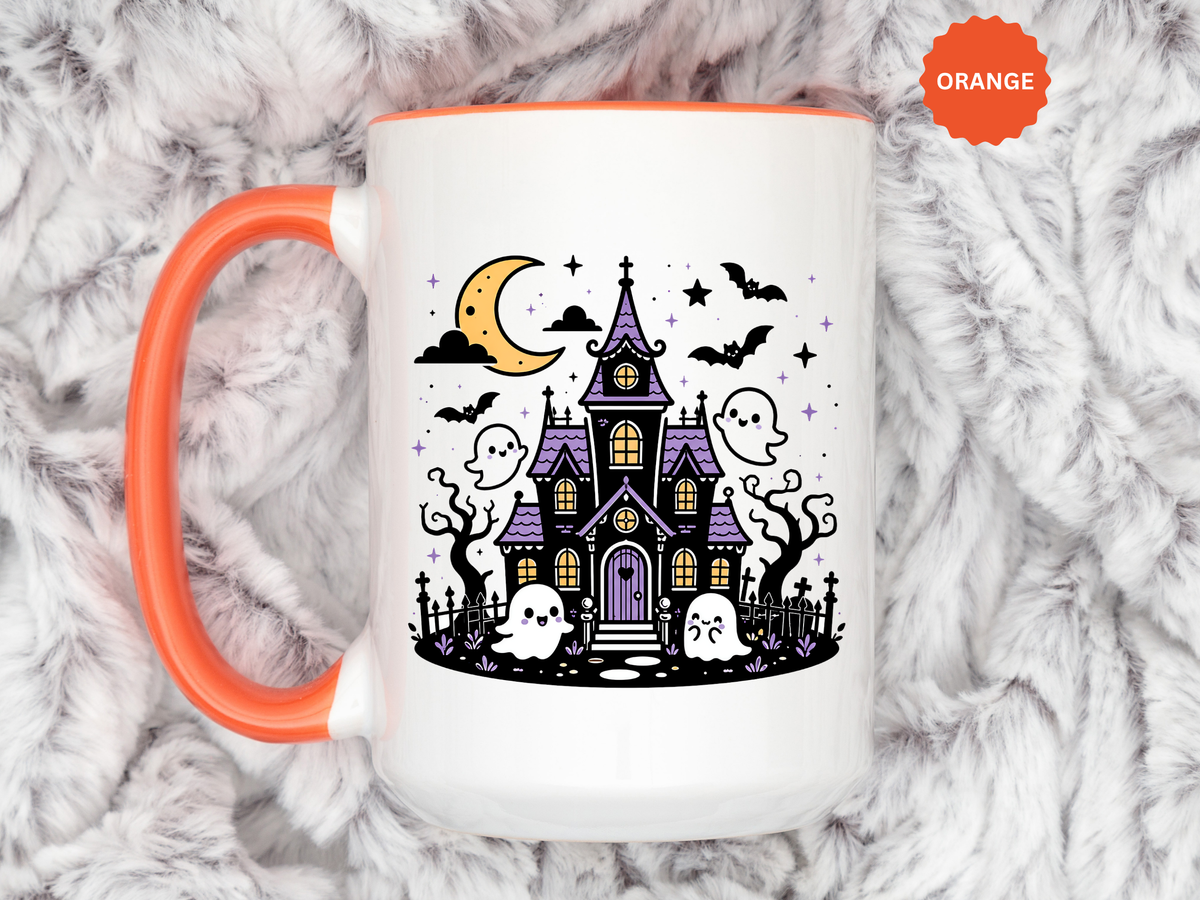 Cute Haunted House Mug, Kawaii Ghost Halloween Coffee Cup, Spooky Season Gift for Her, Purple Witchy Decor, Cozy Fall Birthday Present