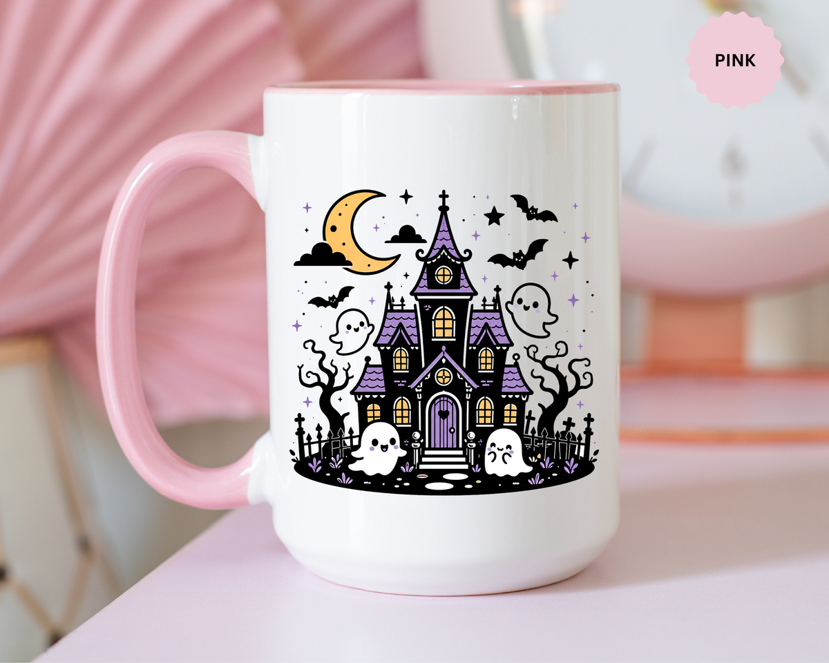 Cute Haunted House Mug, Kawaii Ghost Halloween Coffee Cup, Spooky Season Gift for Her, Purple Witchy Decor, Cozy Fall Birthday Present