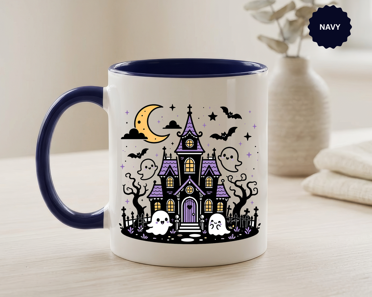 Cute Haunted House Mug, Kawaii Ghost Halloween Coffee Cup, Spooky Season Gift for Her, Purple Witchy Decor, Cozy Fall Birthday Present