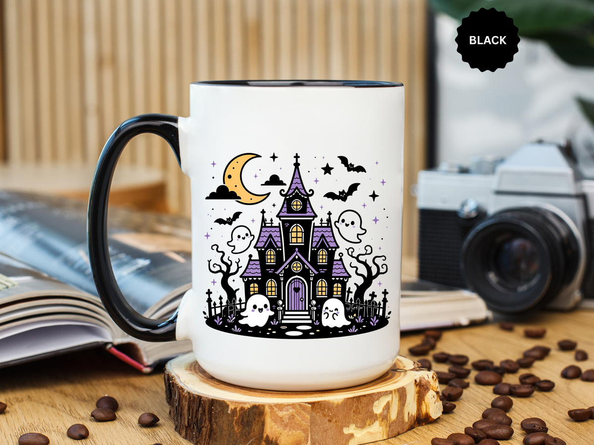 Cute Haunted House Mug, Kawaii Ghost Halloween Coffee Cup, Spooky Season Gift for Her, Purple Witchy Decor, Cozy Fall Birthday Present