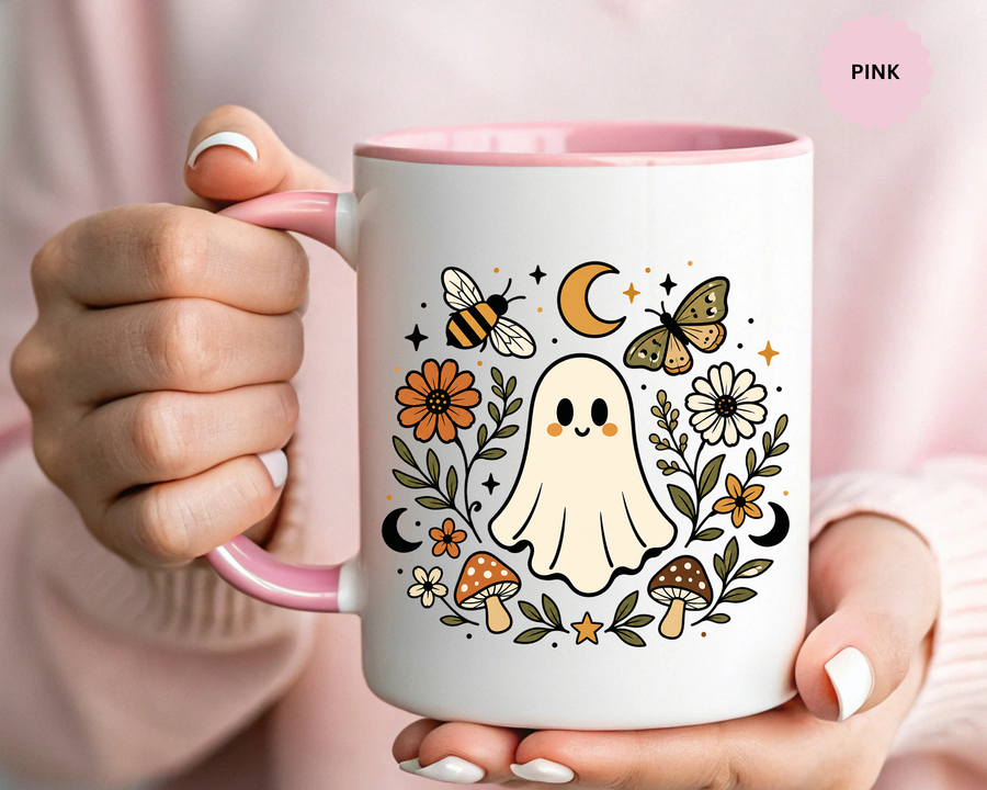 Cute Ghost Halloween Mug, Floral Mushroom Coffee Cup, Cottagecore Spooky Season Gift for Her, Boo Basket Filler, Fall Birthday Present