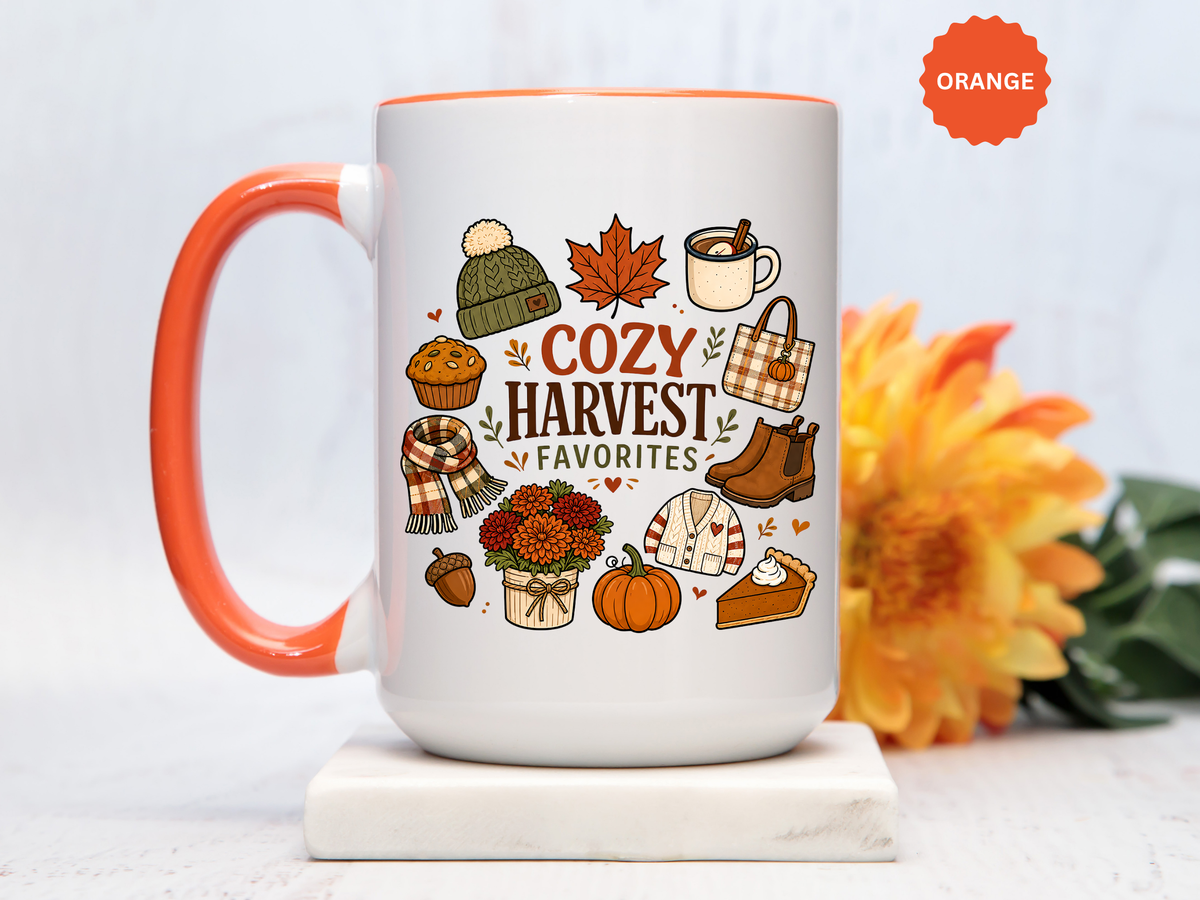Cozy Harvest Coffee Mug, Cute Autumn Favorites Cup, Fall Gift for Her, Pumpkin Spice Lover Birthday Present, Thanksgiving Kitchen Decor