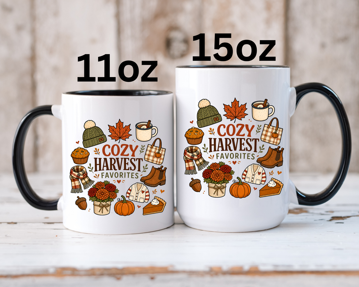 Cozy Harvest Coffee Mug, Cute Autumn Favorites Cup, Fall Gift for Her, Pumpkin Spice Lover Birthday Present, Thanksgiving Kitchen Decor