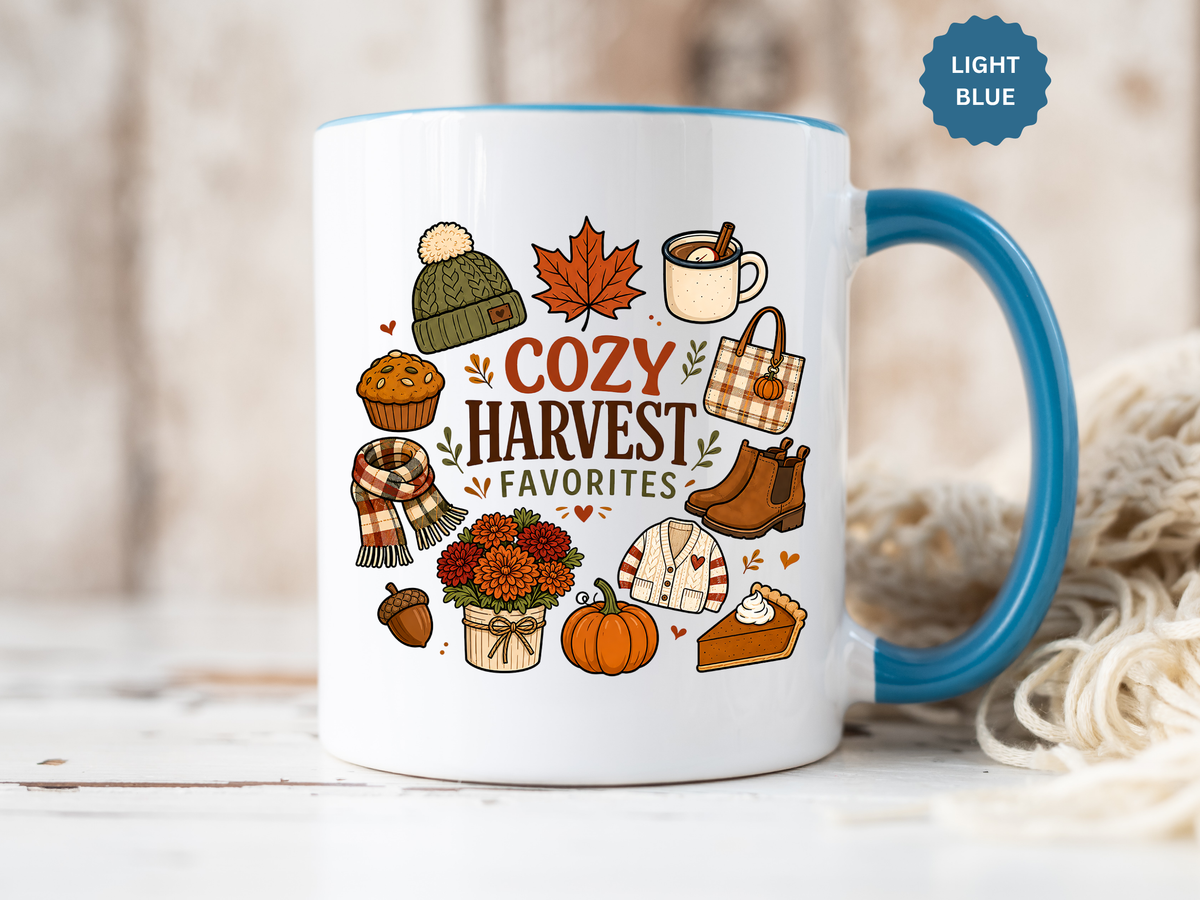 Cozy Harvest Coffee Mug, Cute Autumn Favorites Cup, Fall Gift for Her, Pumpkin Spice Lover Birthday Present, Thanksgiving Kitchen Decor