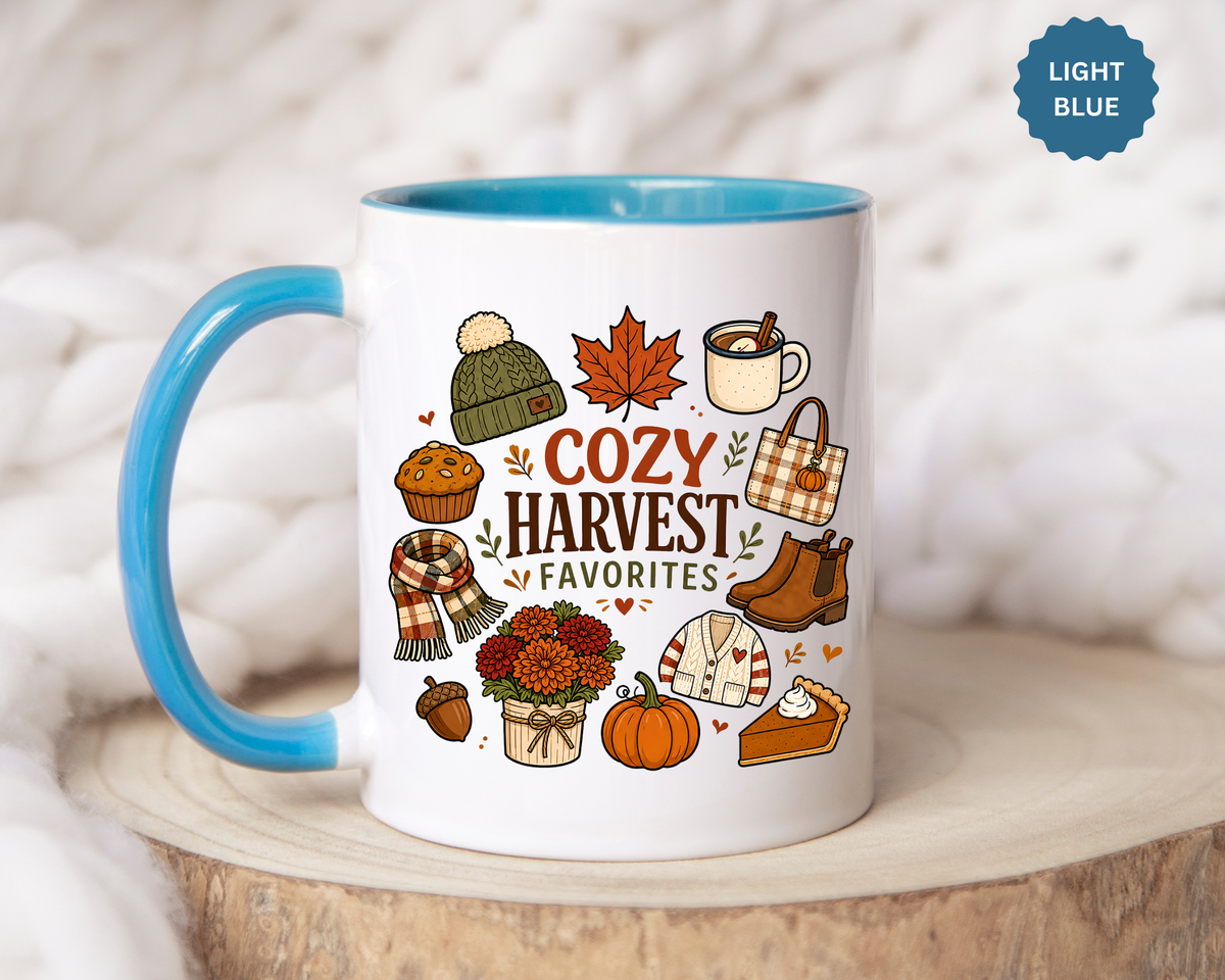 Cozy Harvest Coffee Mug, Cute Autumn Favorites Cup, Fall Gift for Her, Pumpkin Spice Lover Birthday Present, Thanksgiving Kitchen Decor