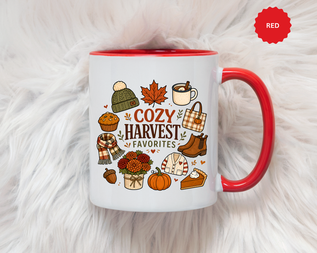 Cozy Harvest Coffee Mug, Cute Autumn Favorites Cup, Fall Gift for Her, Pumpkin Spice Lover Birthday Present, Thanksgiving Kitchen Decor