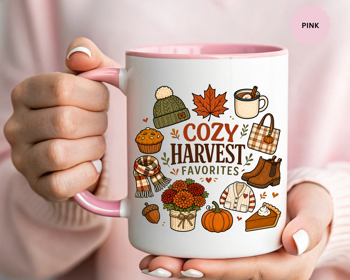 Cozy Harvest Coffee Mug, Cute Autumn Favorites Cup, Fall Gift for Her, Pumpkin Spice Lover Birthday Present, Thanksgiving Kitchen Decor