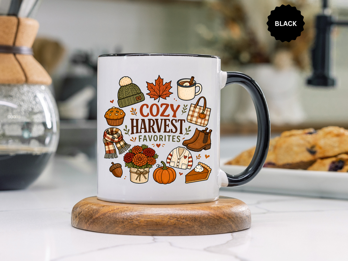Cozy Harvest Coffee Mug, Cute Autumn Favorites Cup, Fall Gift for Her, Pumpkin Spice Lover Birthday Present, Thanksgiving Kitchen Decor