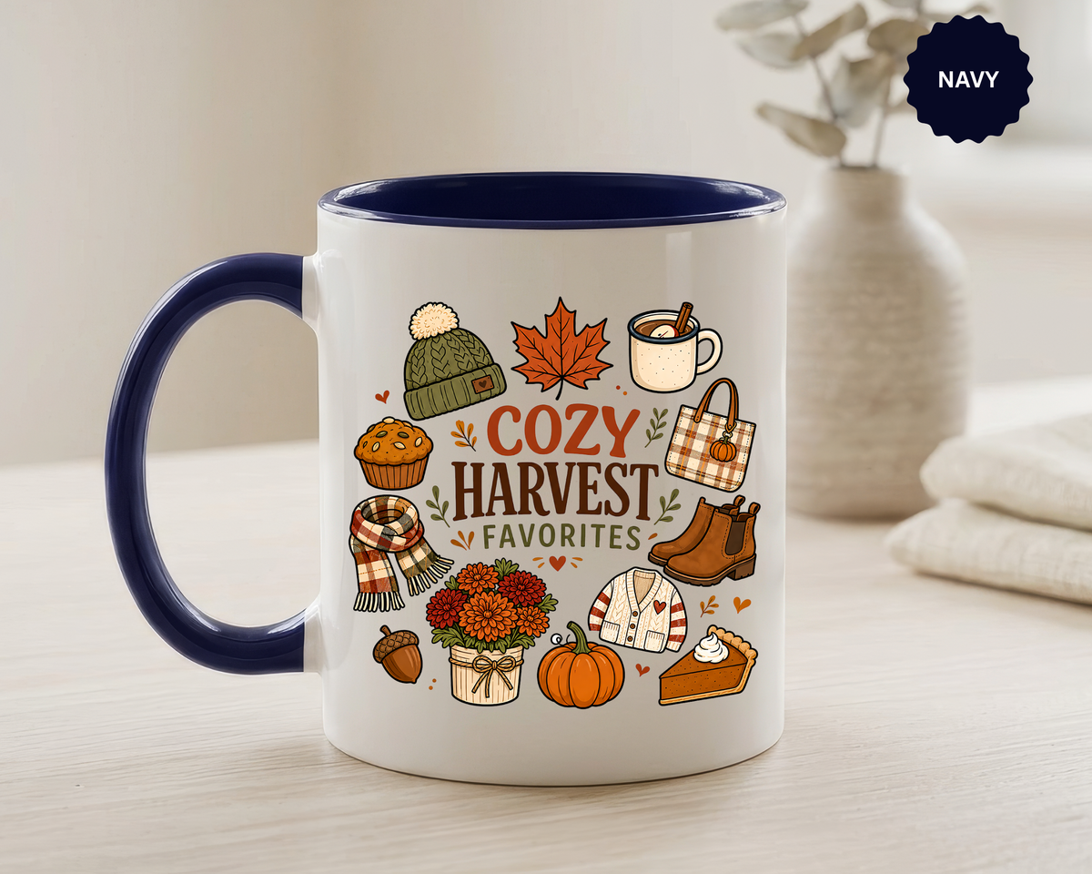 Cozy Harvest Coffee Mug, Cute Autumn Favorites Cup, Fall Gift for Her, Pumpkin Spice Lover Birthday Present, Thanksgiving Kitchen Decor