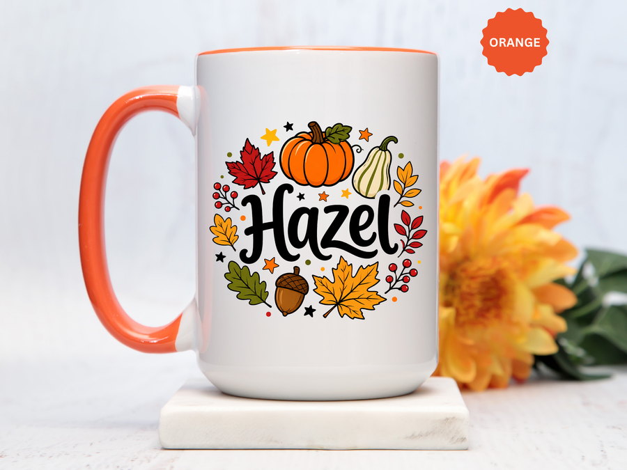 Personalized Fall Name Mug, Custom Hazel Pumpkin Coffee Cup, Autumn Birthday Gift for Her, Thanksgiving Keepsake, Cozy Seasonal Present
