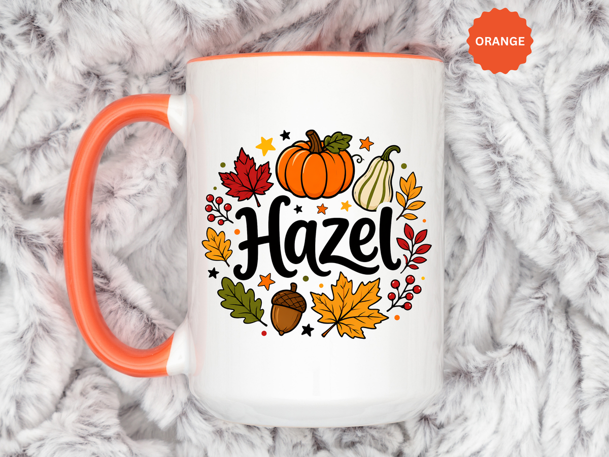 Personalized Fall Name Mug, Custom Hazel Pumpkin Coffee Cup, Autumn Birthday Gift for Her, Thanksgiving Keepsake, Cozy Seasonal Present