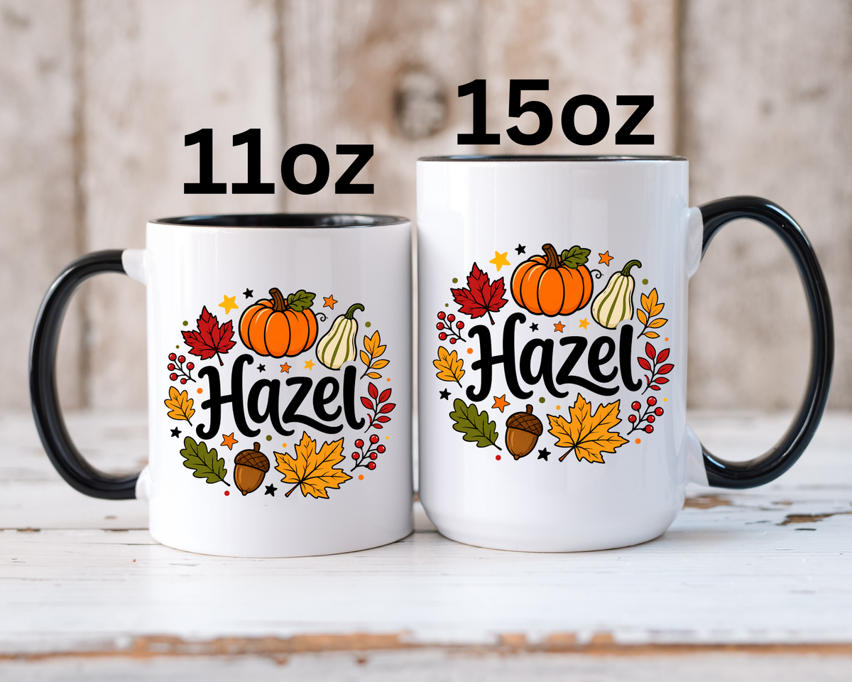 Personalized Fall Name Mug, Custom Hazel Pumpkin Coffee Cup, Autumn Birthday Gift for Her, Thanksgiving Keepsake, Cozy Seasonal Present