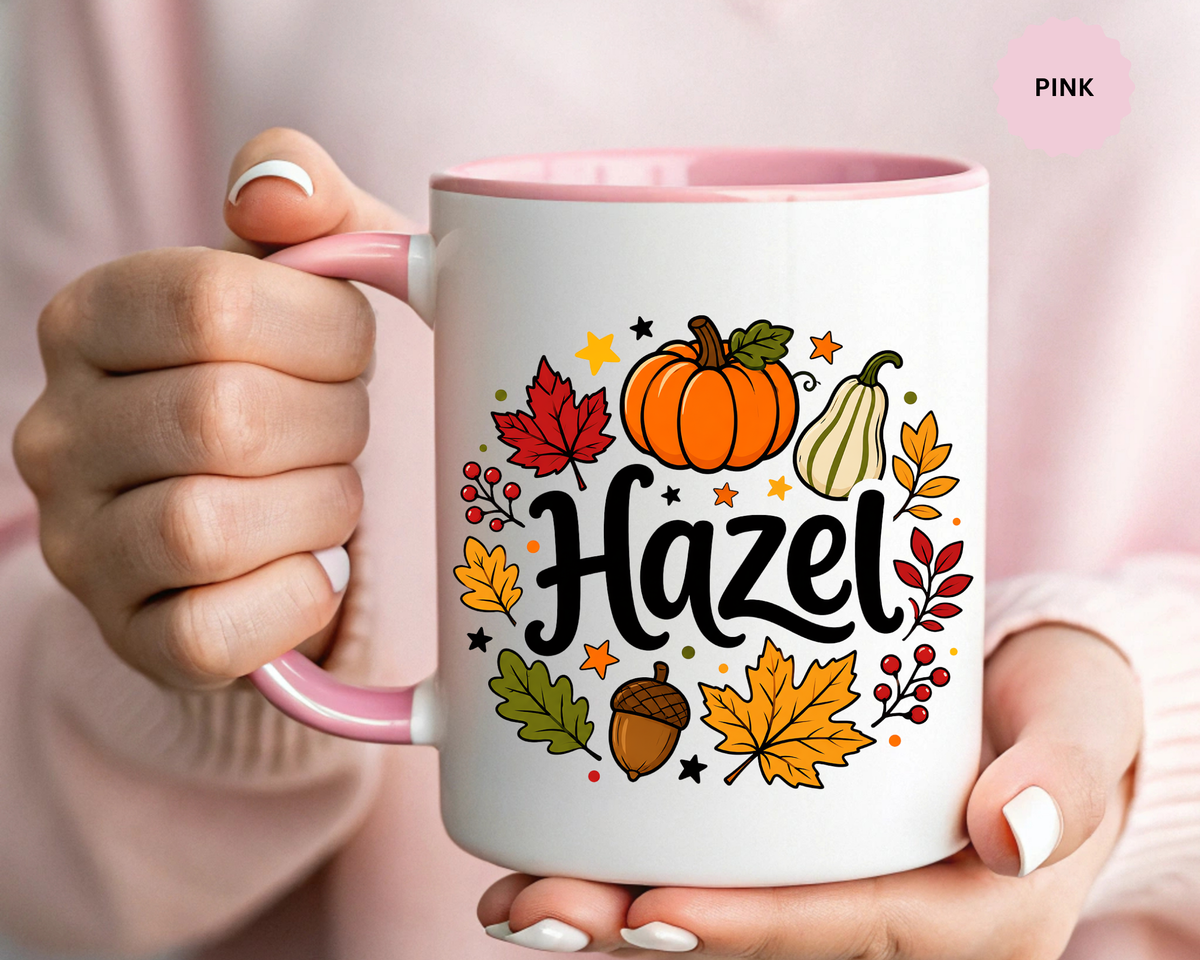 Personalized Fall Name Mug, Custom Hazel Pumpkin Coffee Cup, Autumn Birthday Gift for Her, Thanksgiving Keepsake, Cozy Seasonal Present
