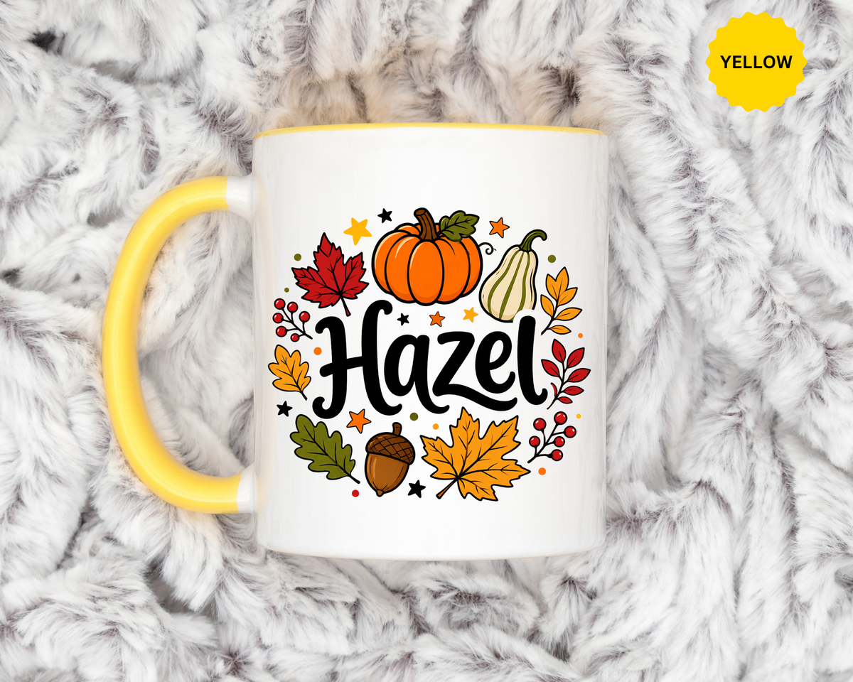 Personalized Fall Name Mug, Custom Hazel Pumpkin Coffee Cup, Autumn Birthday Gift for Her, Thanksgiving Keepsake, Cozy Seasonal Present
