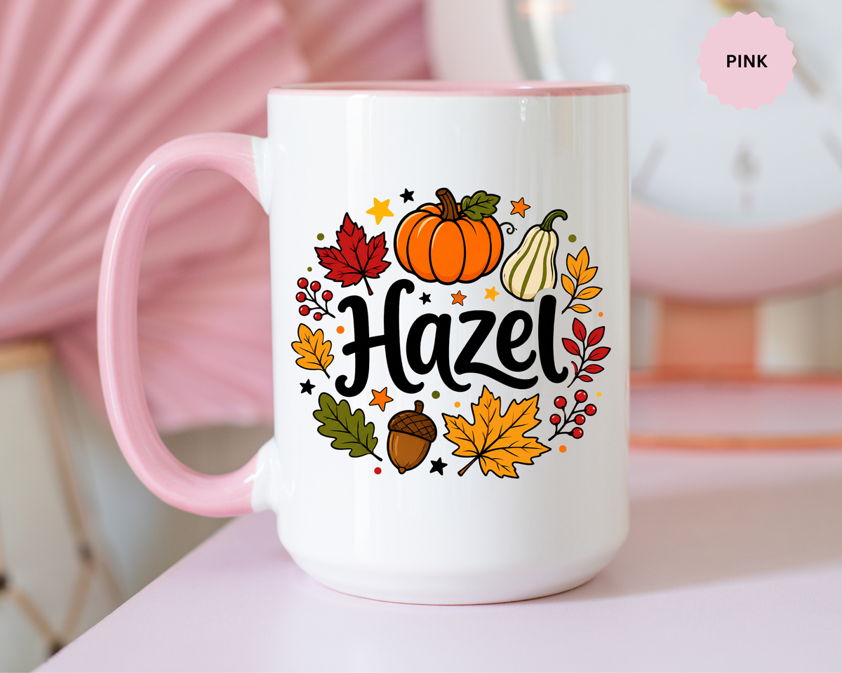 Personalized Fall Name Mug, Custom Hazel Pumpkin Coffee Cup, Autumn Birthday Gift for Her, Thanksgiving Keepsake, Cozy Seasonal Present