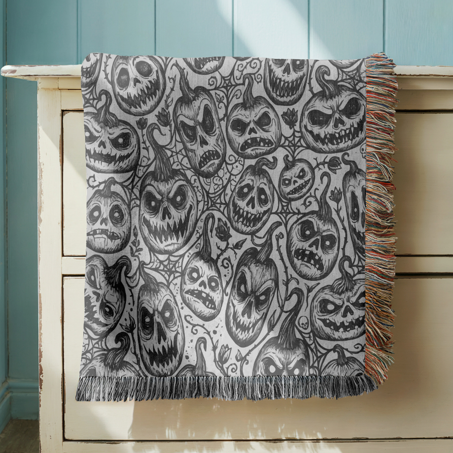 Creepy Pumpkin Halloween Blanket, Black and White Jack O Lantern Throw for Gothic Home Decor, Spooky Horror Sofa Blanket, Halloween Gift
