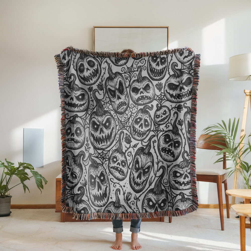 Creepy Pumpkin Halloween Blanket, Black and White Jack O Lantern Throw for Gothic Home Decor, Spooky Horror Sofa Blanket, Halloween Gift